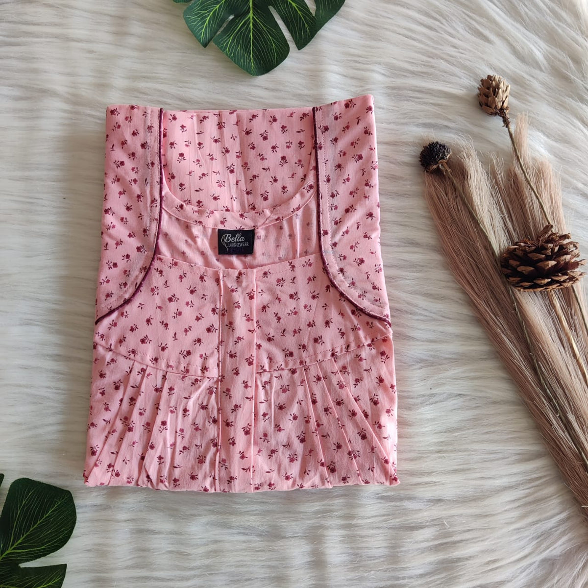 Peach Floral Printed Pure Cotton Pleated Zip Nighty | Free Size | Chest Width 44″| Length 54″-55″