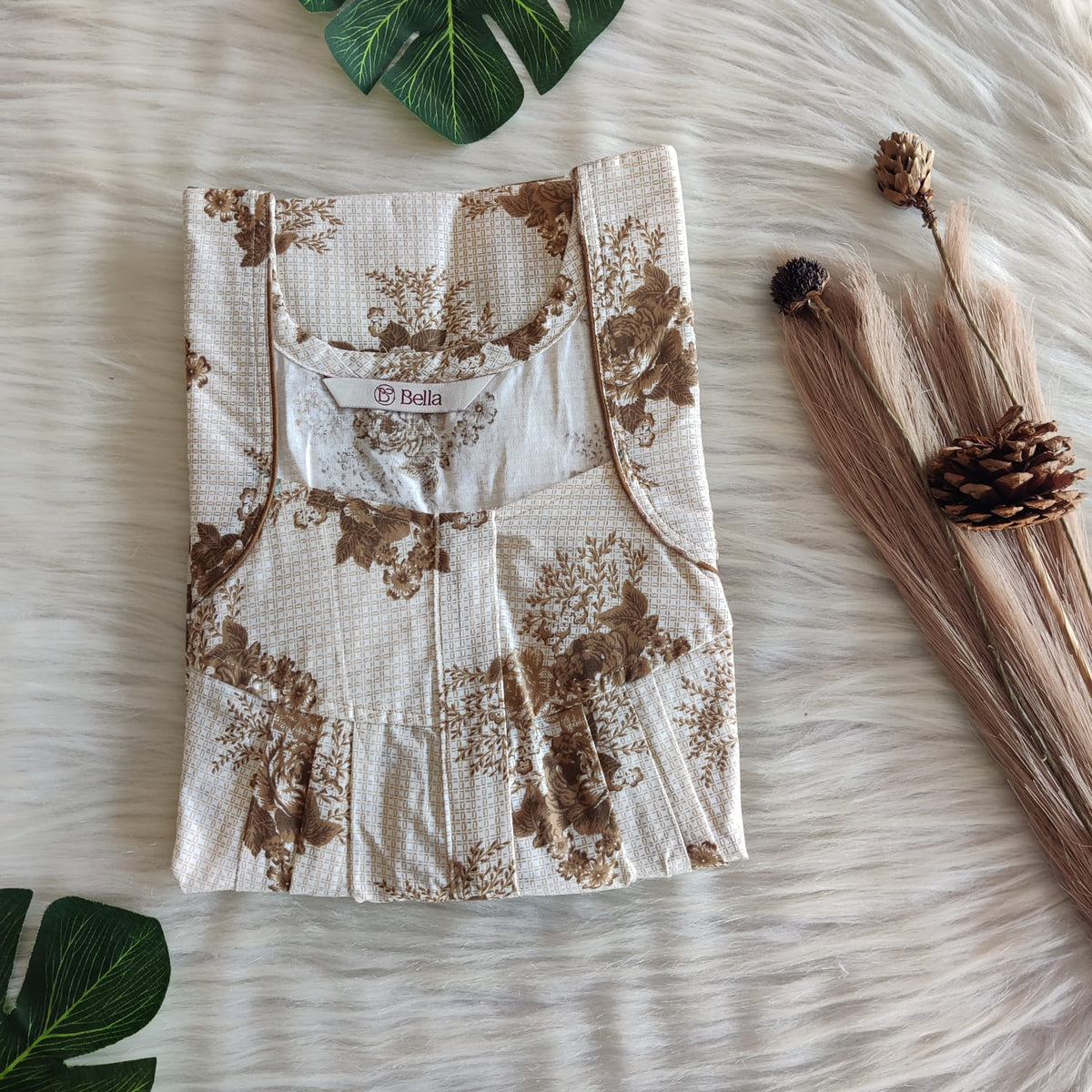 Brown Floral Printed Pure Cotton Pleated Zip Nighty | Free Size | Chest Width 44″| Length 54″-55″