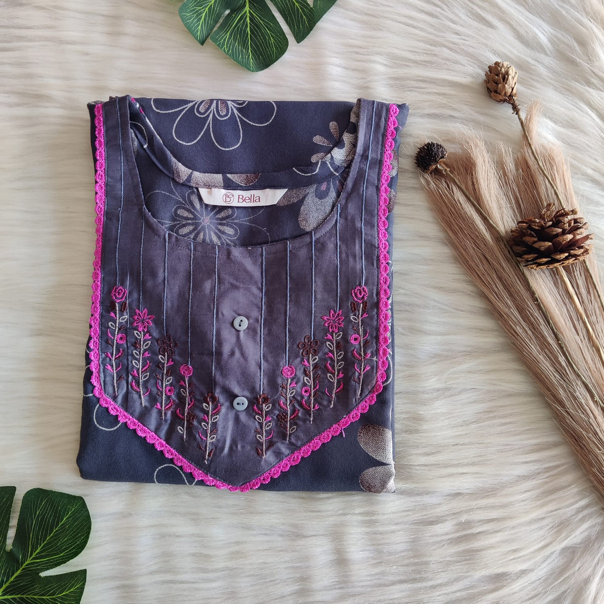 Grey And White Floral Printed Alfine Embroidery Nighty | Free Size | Chest Width 44″| Length 56″