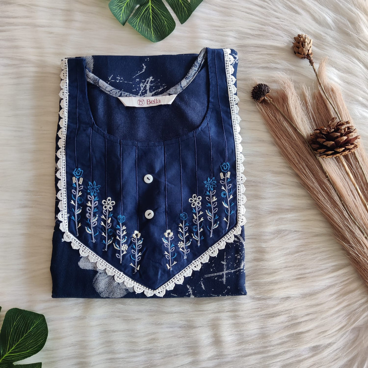 Navy Blue And White Floral Printed Alfine Embroidery Nighty | Free Size | Chest Width 44″| Length 56″