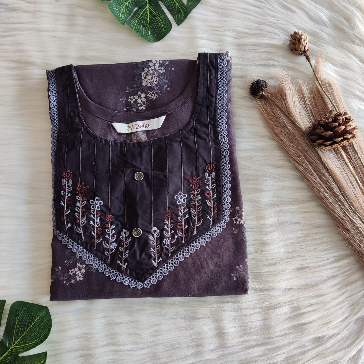 Brown Printed Alfine Embroidery Nighty | Free Size | Chest Width 44″| Length 56″