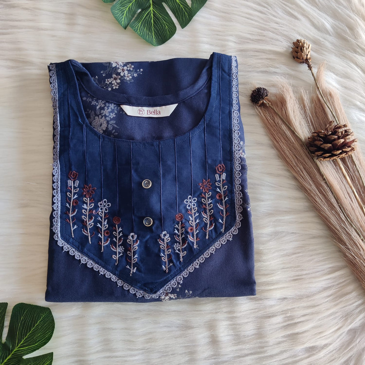 Brown Floral Printed Grey Alfine Embroidery Nighty | Free Size | Chest Width 44″| Length 56″