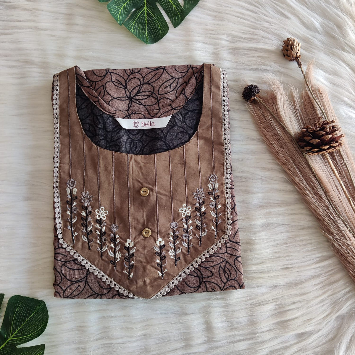 Brown And Black Floral Printed Alfine Embroidery Nighty | Free Size | Chest Width 44″| Length 56″
