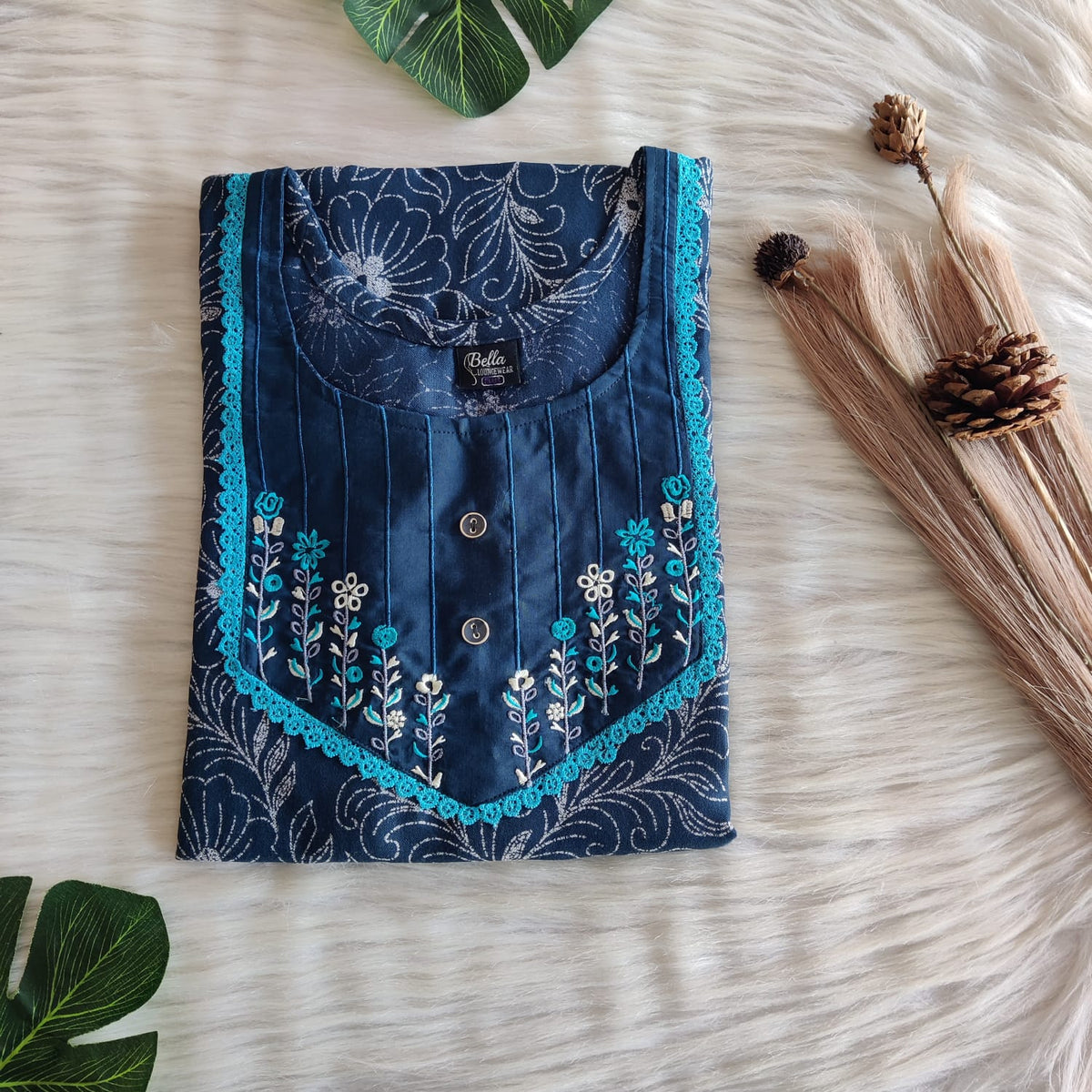 Teal Blue Printed 60 Inch Length Alfine Embroidery Nighty | Free Size | Chest Width 44″