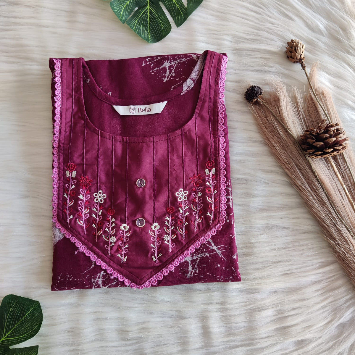 Maroon Printed Alfine Embroidery Nighty | Free Size | Chest Width 44″| Length 56″