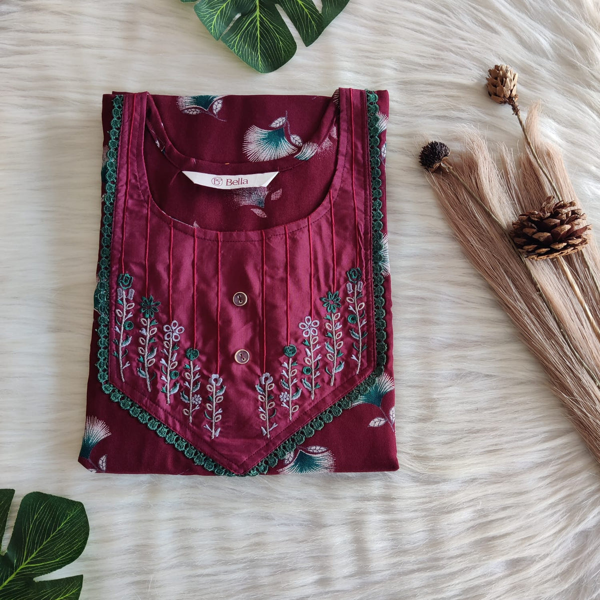 Maroon And Green Printed Alfine Embroidery Nighty | Free Size | Chest Width 44″| Length 56″