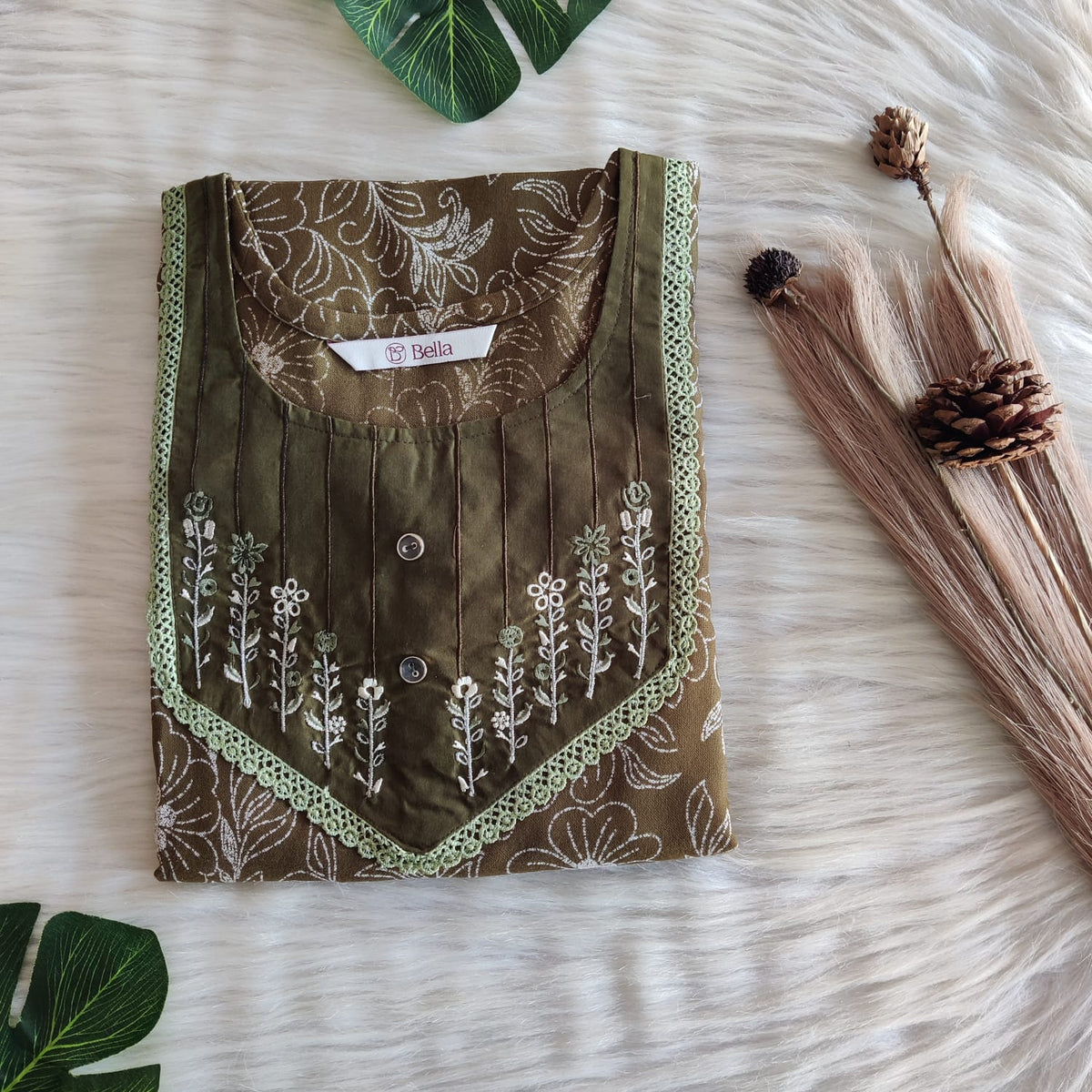 White Floral Printed Olive Green Alfine Embroidery Nighty | Free Size | Chest Width 44″| Length 56″
