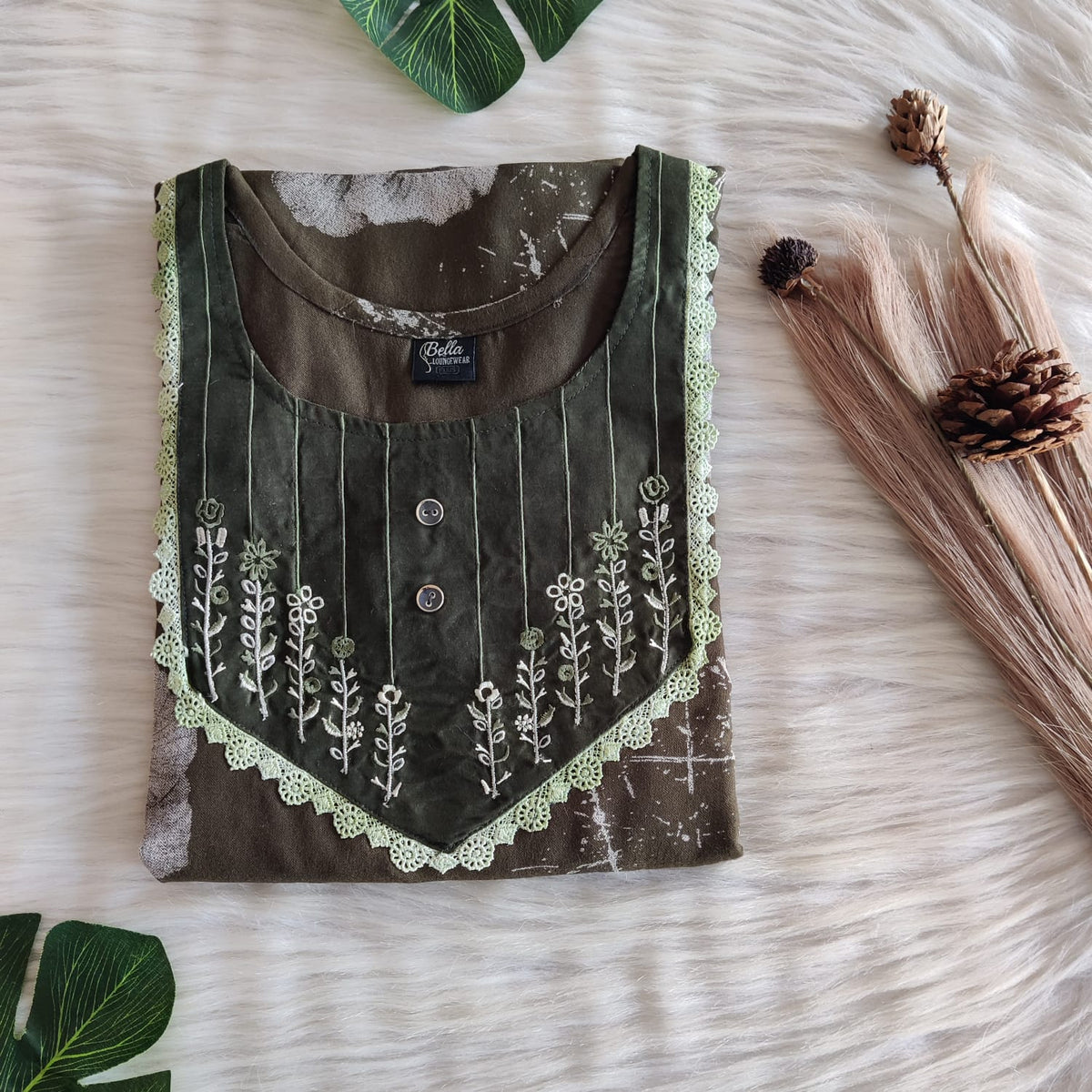 Olive Green Printed Alfine Embroidery Nighty | Free Size | Chest Width 44″| Length 56″