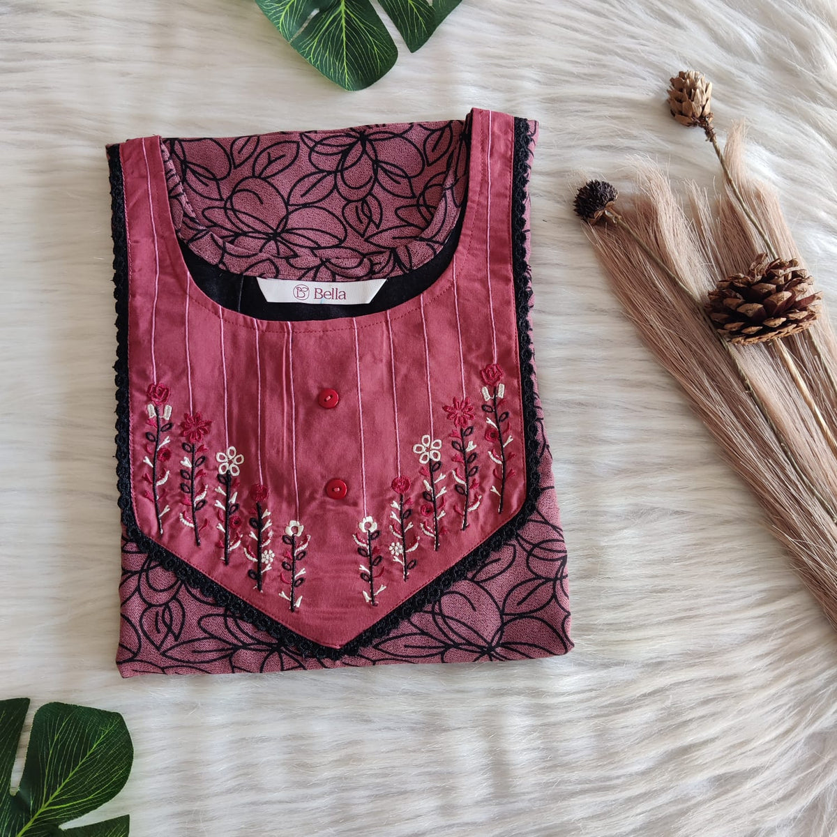 Pastel Pink And Black Floral Printed Alfine Embroidery Nighty | Free Size | Chest Width 44″| Length 56″