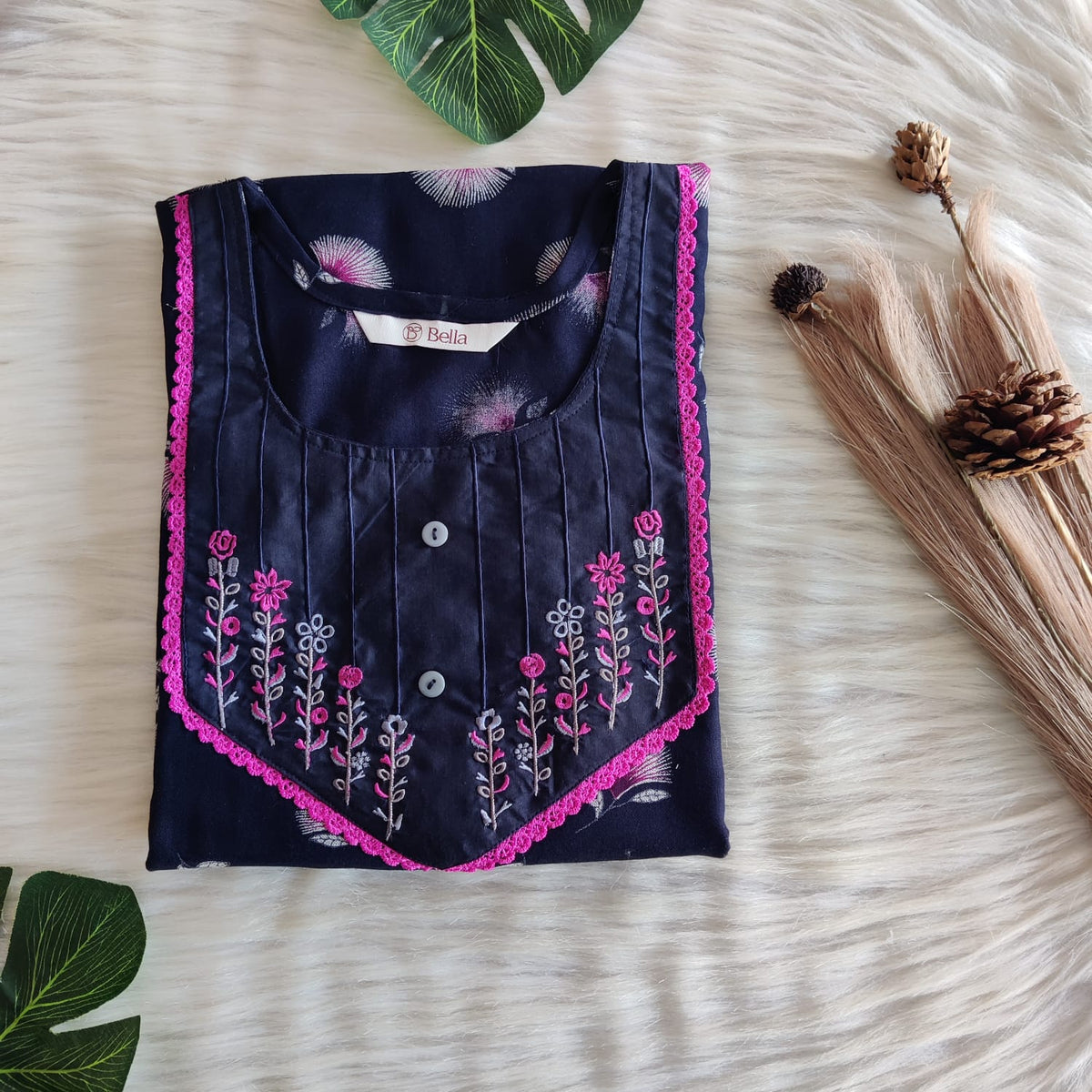 Navy Blue And Pink Printed Alfine Embroidery Nighty | Free Size | Chest Width 44″| Length 56″