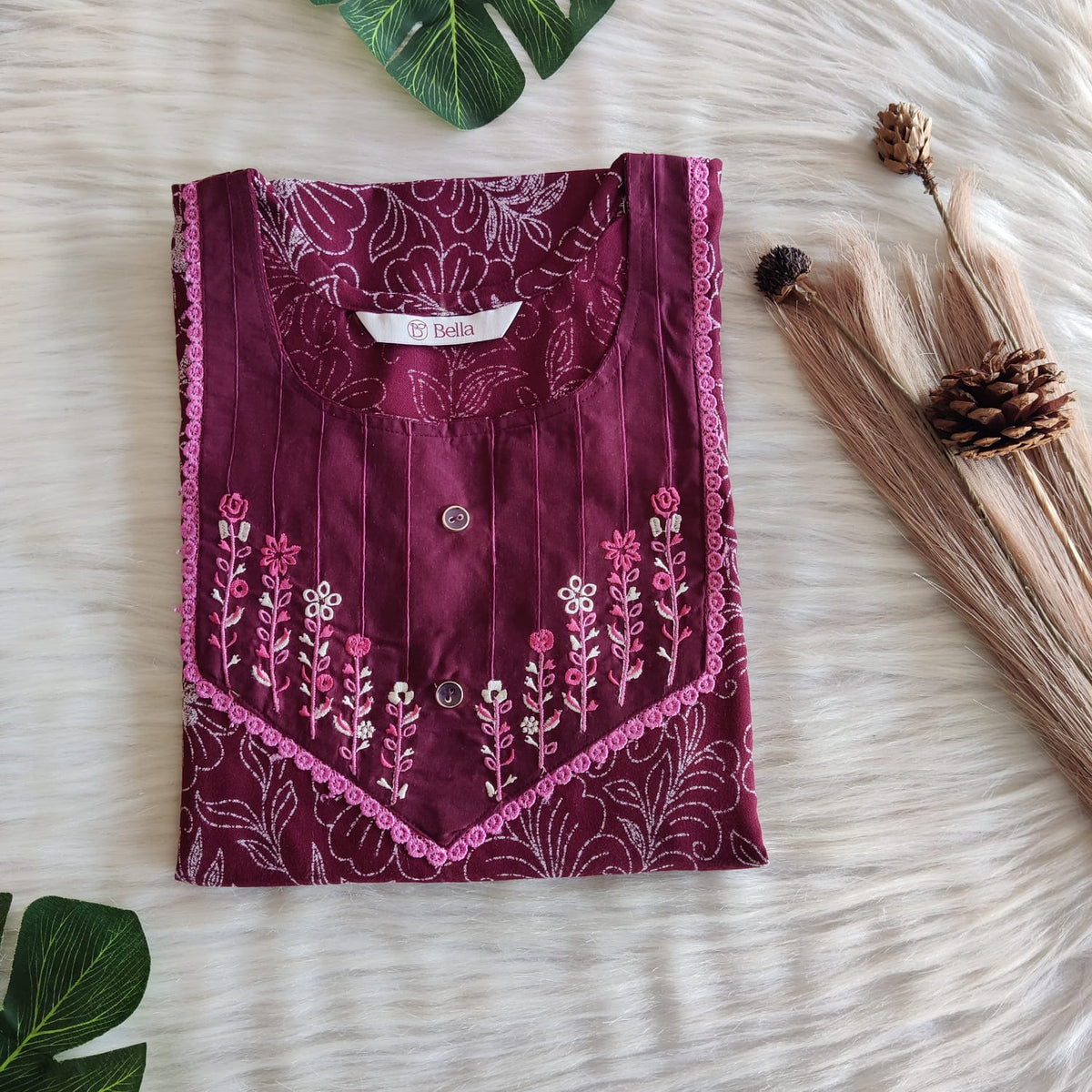 White Floral Printed Maroon Alfine Embroidery Nighty | Free Size | Chest Width 44″| Length 56″