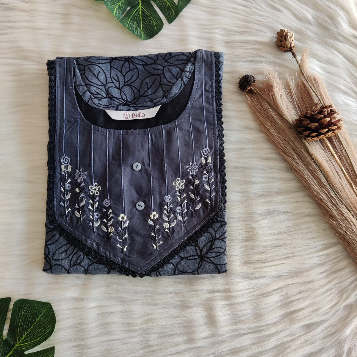 Grey And Black Printed Plus Size Alfine Embroidery Nighty | Chest Width 50″| Length 56″