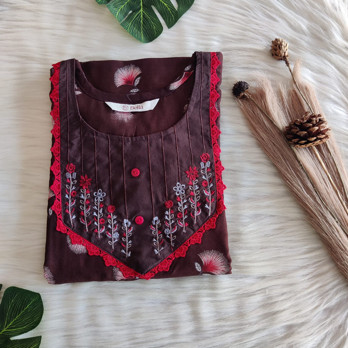 Coffee Brown And Red Printed Alfine Embroidery Nighty | Free Size | Chest Width 44″| Length 56″