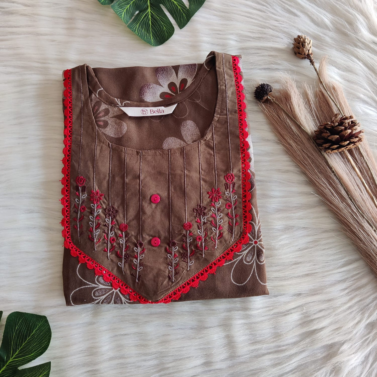 Brown And Red Printed Plus Size Alfine Embroidery Nighty | Chest Width 50″| Length 56″