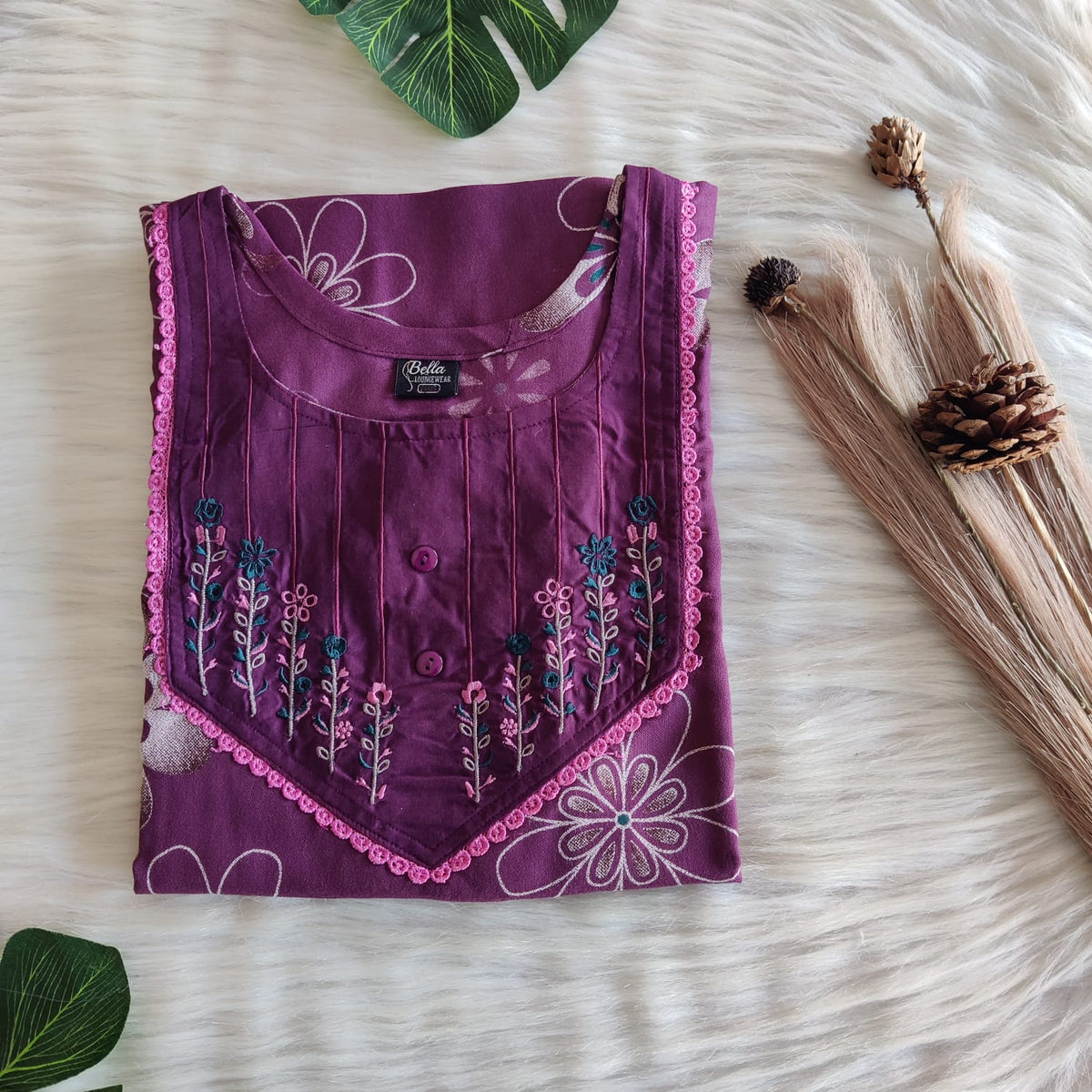 Mauve And White Floral Printed Plus Size Alfine Embroidery Nighty | Chest Width 50″| Length 56″