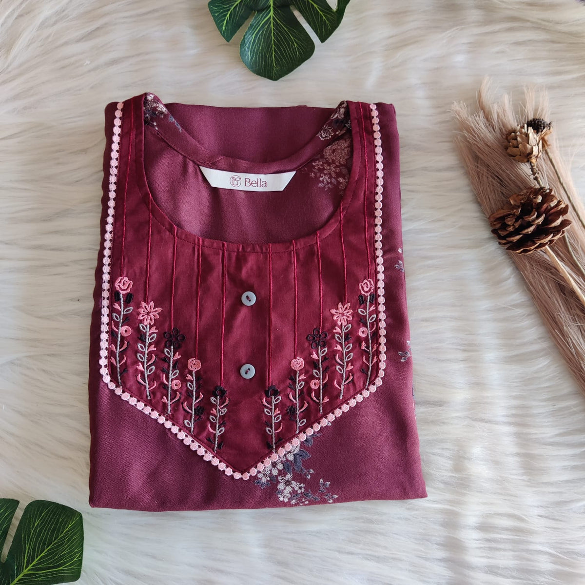 Mauve Pink And Grey Floral Printed Alfine Embroidery Nighty | Free Size | Chest Width 44″| Length 56″