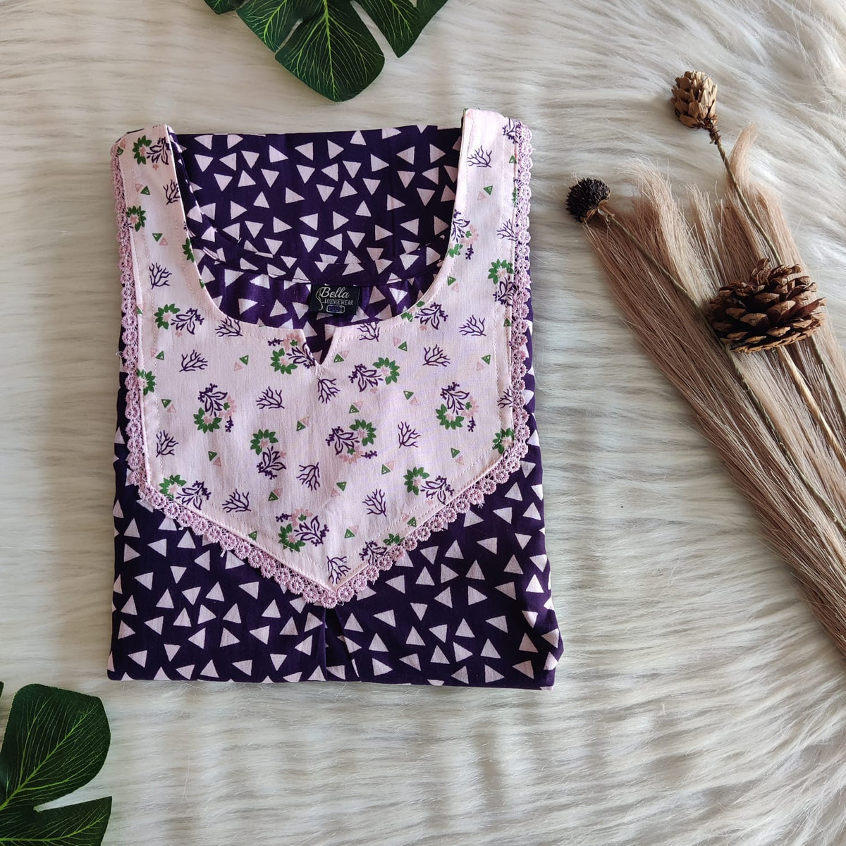 Pale Pink And Violet Printed Premium Cotton Mix N Match Lace Pocket Nighty | Free Size | Chest Width 44″| Length 56″