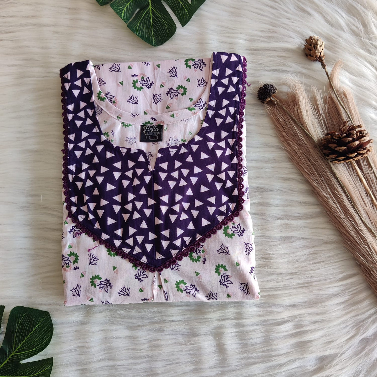 Violet And Pale Pink Printed Premium Cotton Mix N Match Lace Pocket Nighty | Free Size | Chest Width 44″| Length 56″