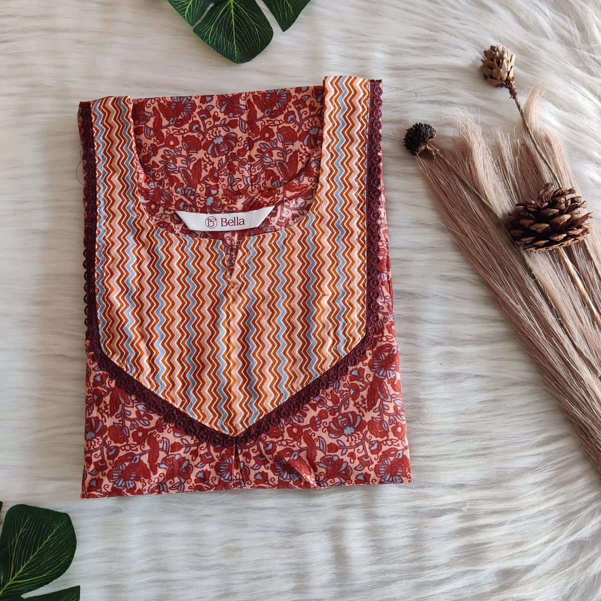 Orange And Brown Printed Premium Cotton Mix N Match Lace Pocket Nighty | Free Size | Chest Width 44″| Length 56″