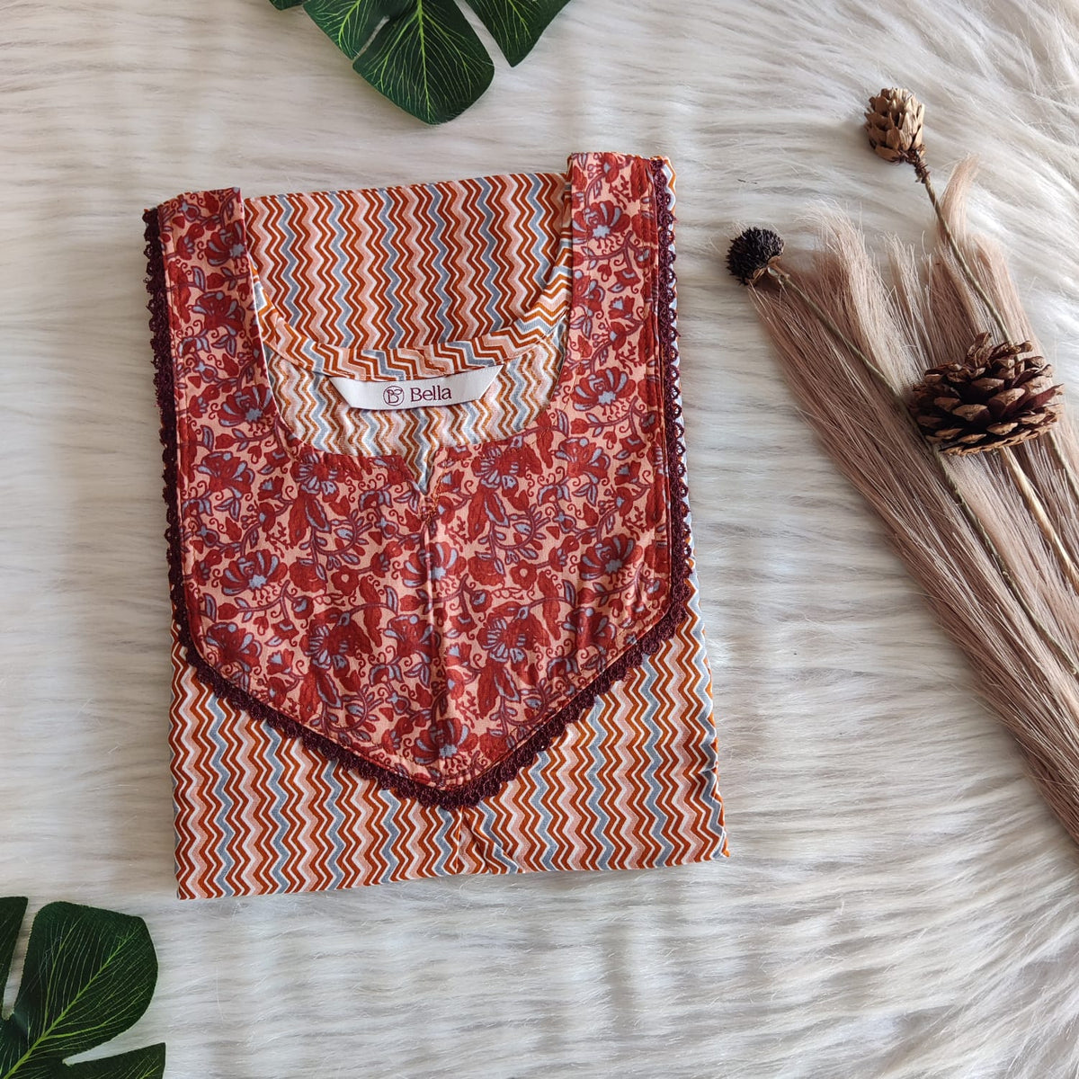 Brown And Orange Zig-Zag Printed Premium Cotton Mix N Match Lace Pocket Nighty | Free Size | Chest Width 44″| Length 56″