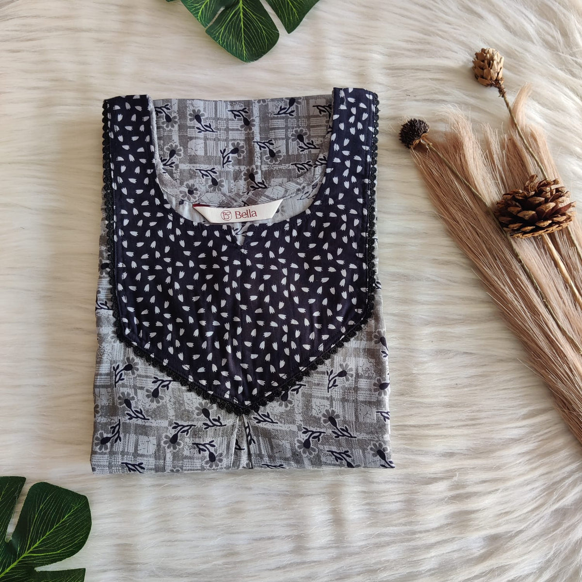 Black And Grey Printed Premium Cotton Mix N Match Lace Pocket Nighty | Free Size | Chest Width 44″| Length 56″