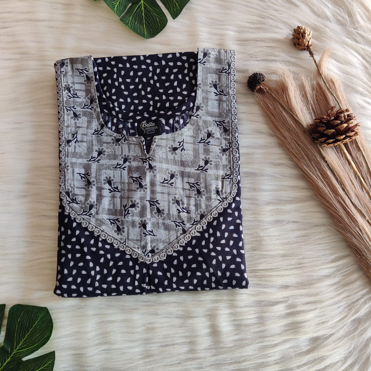 Grey And Black Printed Premium Cotton Mix N Match Lace Pocket Nighty | Free Size | Chest Width 44″| Length 56″