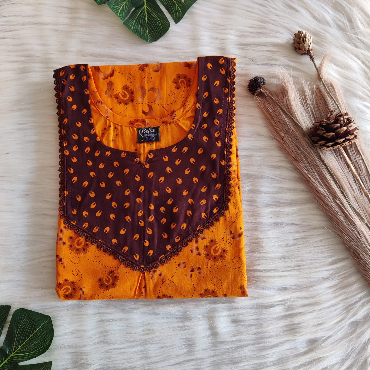 Coffee Brown And Orange Printed Premium Cotton Mix N Match Lace Pocket Nighty | Free Size | Chest Width 44″| Length 56″