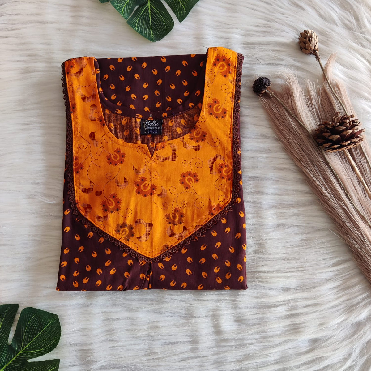 Orange And Coffee Brown Printed Premium Cotton Mix N Match Lace Pocket Nighty | Free Size | Chest Width 44″| Length 56″