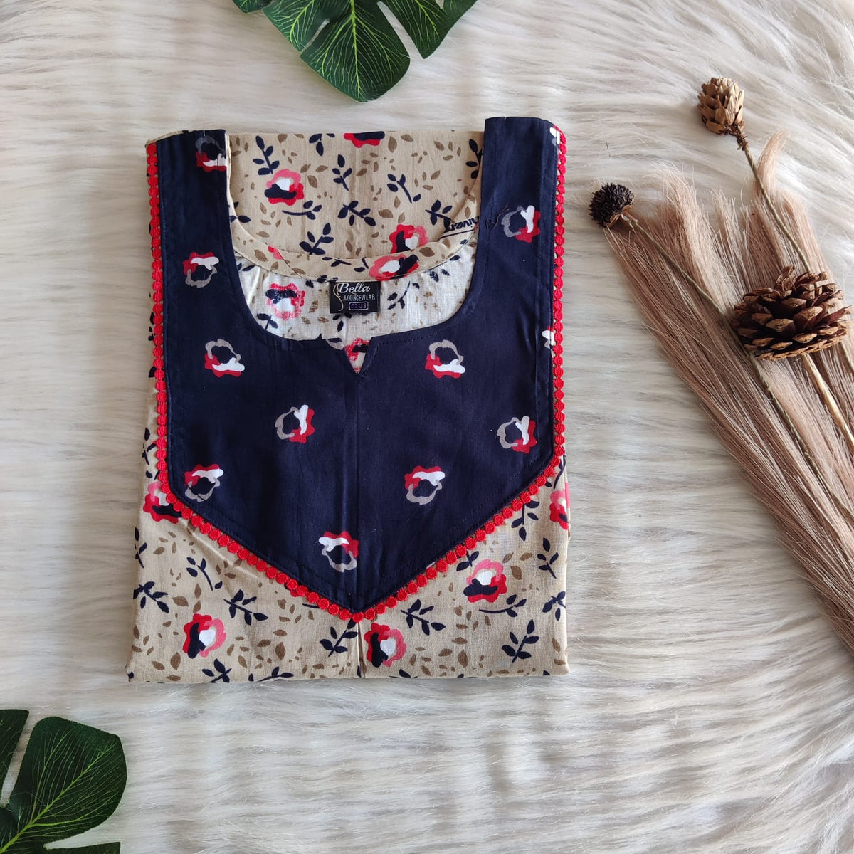 Navy Blue And Beige Printed Premium Cotton Mix N Match Lace Pocket Nighty | Free Size | Chest Width 44″| Length 56″
