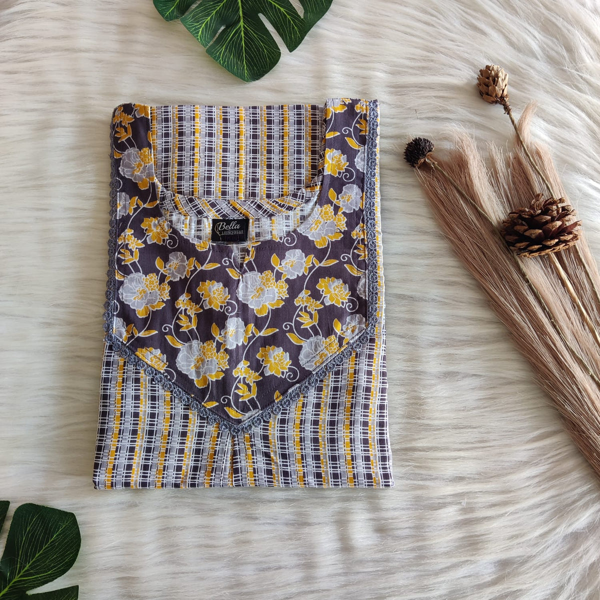 Yellow And Grey Check Printed Premium Cotton Mix N Match Lace Pocket Nighty | Free Size | Chest Width 44″| Length 56″