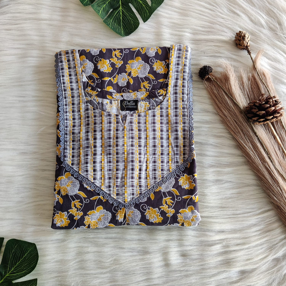 Grey And Yellow Floral Printed Premium Cotton Mix N Match Lace Pocket Nighty | Free Size | Chest Width 44″| Length 56″