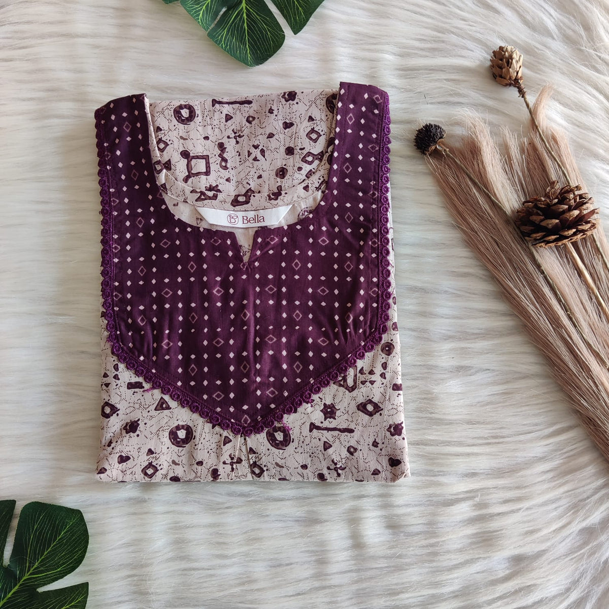 Coffee Brown And Beige Printed Premium Cotton Mix N Match Lace Pocket Nighty | Free Size | Chest Width 44″| Length 56″