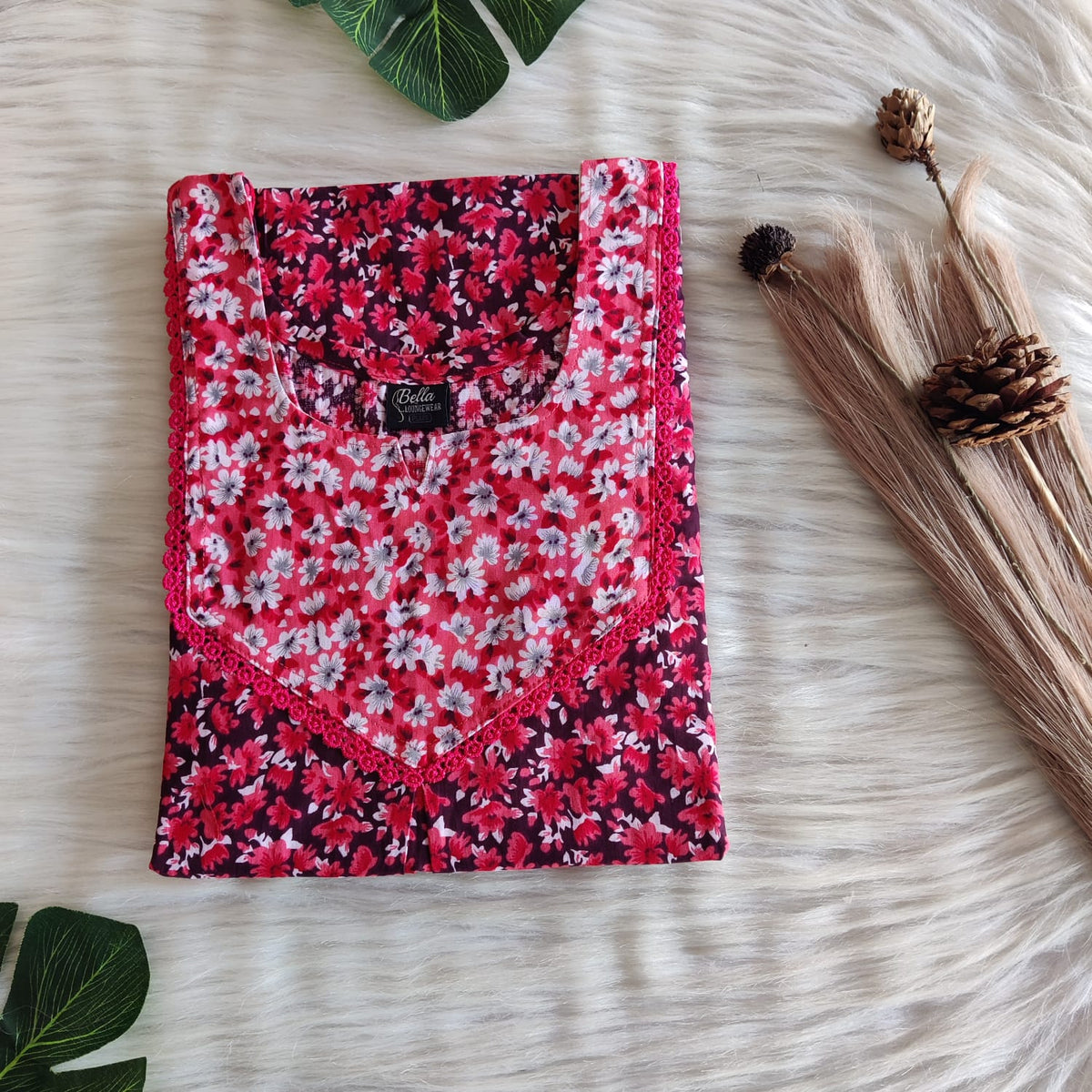 Peach And Maroon Printed Premium Cotton Mix N Match Lace Pocket Nighty | Free Size | Chest Width 44″| Length 56″