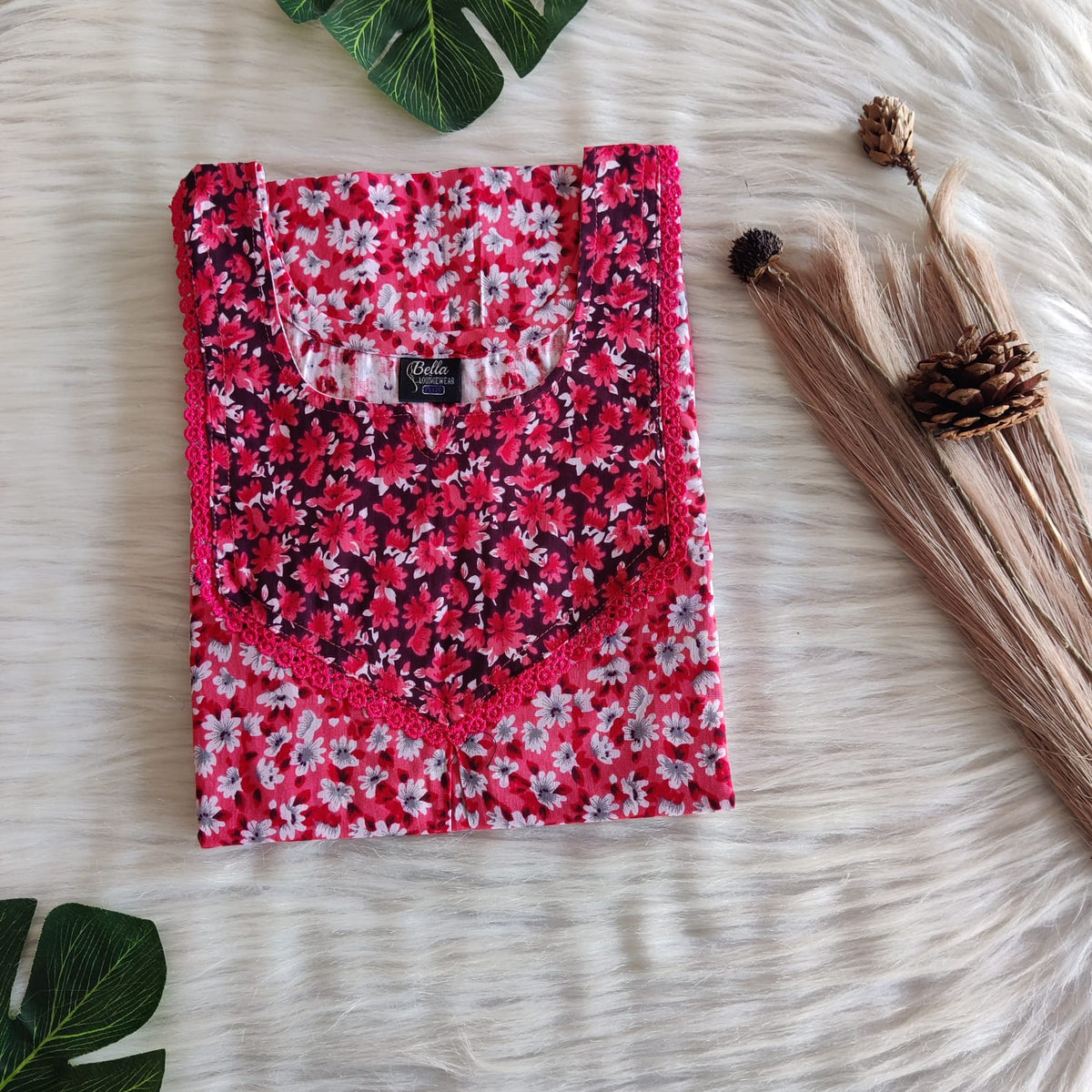 Maroon And Peach Printed Premium Cotton Mix N Match Lace Pocket Nighty | Free Size | Chest Width 44″| Length 56″