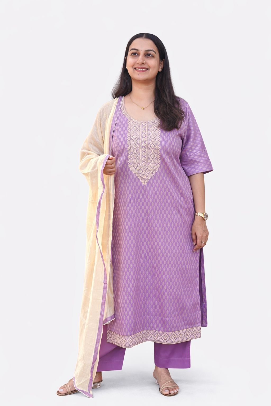 Purple Printed Embroidered Cotton Silk Feeding 3 Piece Set With Pant And Dupatta | Free size