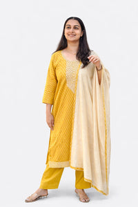 Yellow Printed Embroidered Cotton Silk Feeding 3 Piece Set With Pant And Dupatta | Free size