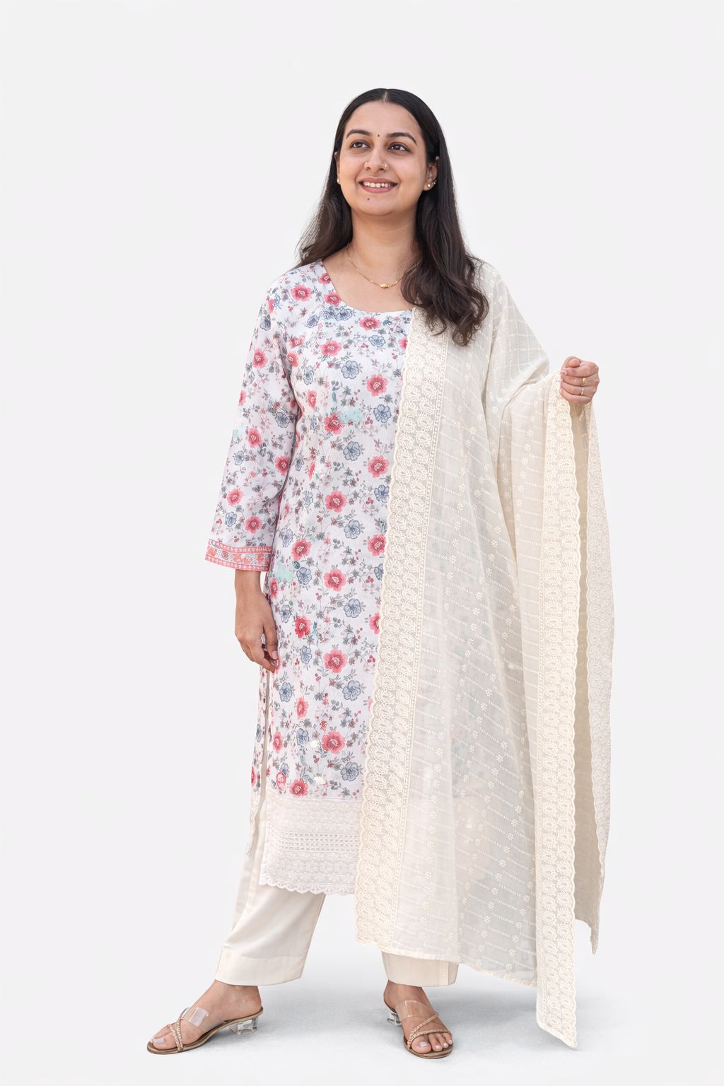 Peach And White Floral Printed Chikankari Feeding 3 Piece Set With Pant And Dupatta | Free size
