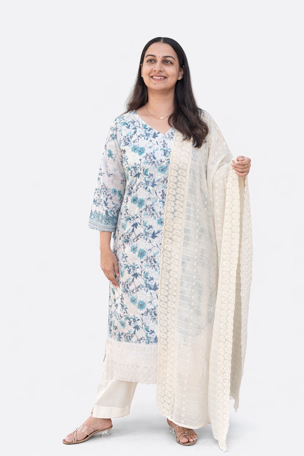 Blue And White Floral Printed Chikankari Feeding 3 Piece Set With Pant And Dupatta | Free size