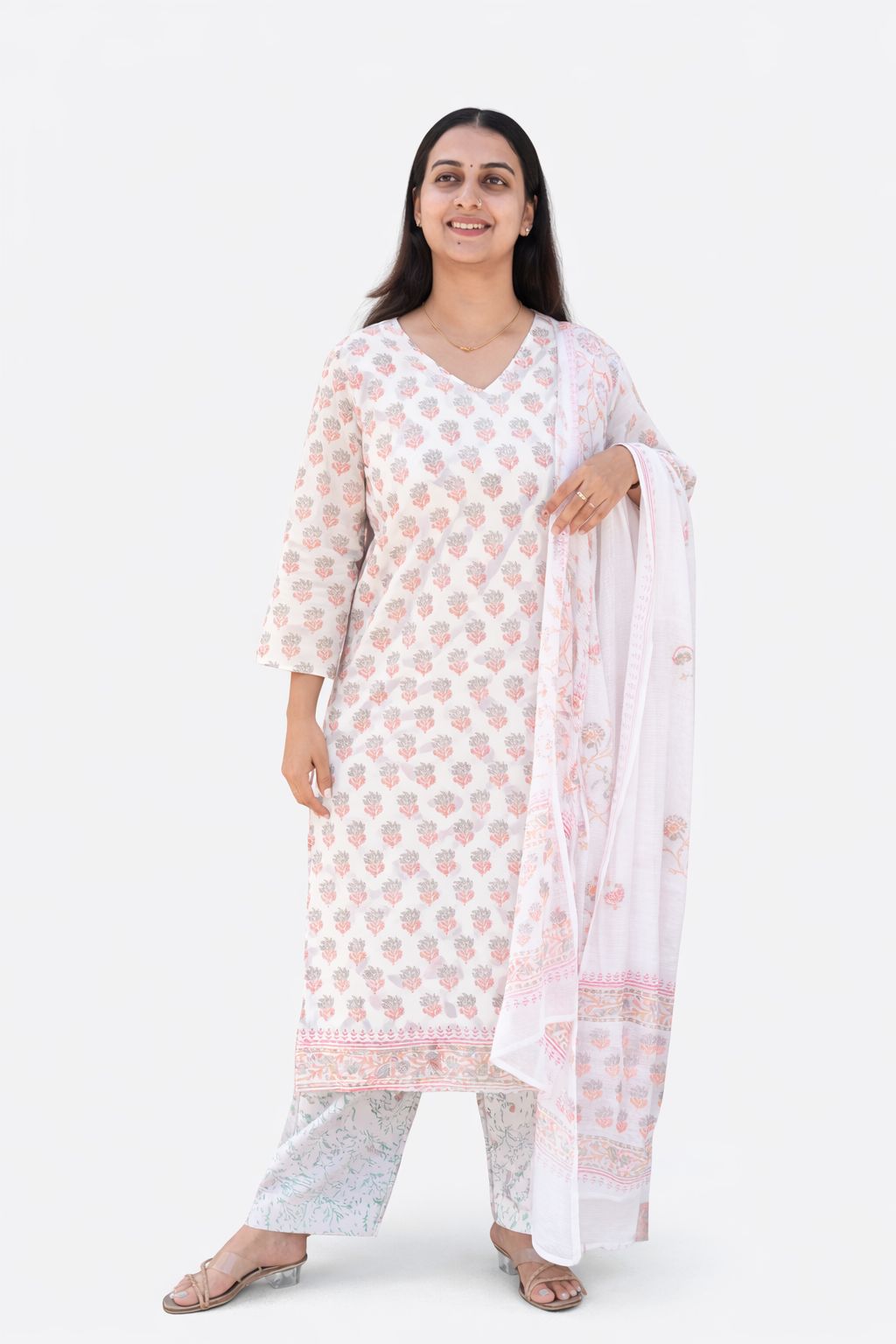 White and Red Floral Printed Applique Work Cotton Feeding 3 Piece Set With Pant And Dupatta | Free size