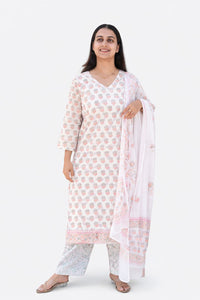 White and Red Floral Printed Applique Work Cotton Feeding 3 Piece Set With Pant And Dupatta | Free size
