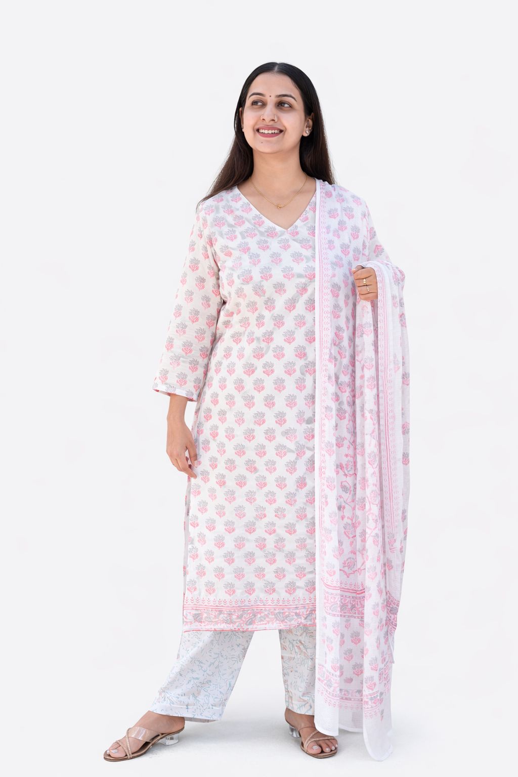 White and Pink Floral Printed Applique Work Cotton Feeding 3 Piece Set With Pant And Dupatta | Free size