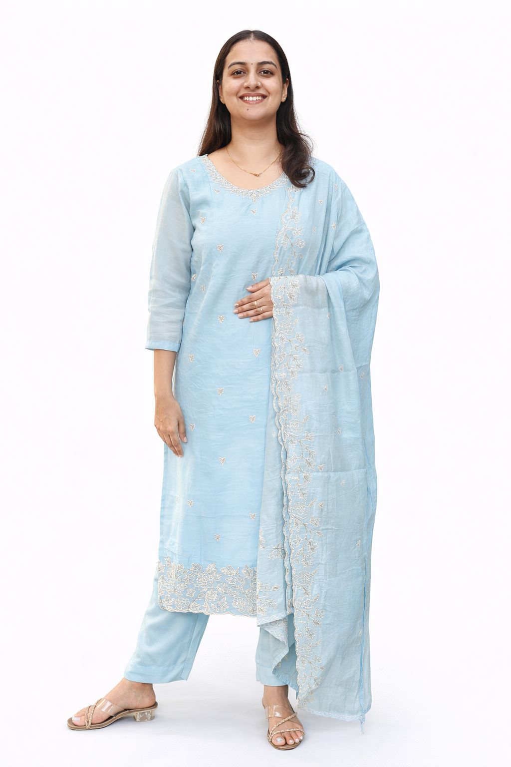 Pastel Blue Printed Hand Embroidered Mul Chanderi Feeding 3 Piece Set With Pant And Dupatta | Free size
