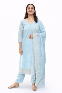 Pastel Blue Printed Hand Embroidered Mul Chanderi Feeding 3 Piece Set With Pant And Dupatta | Free size