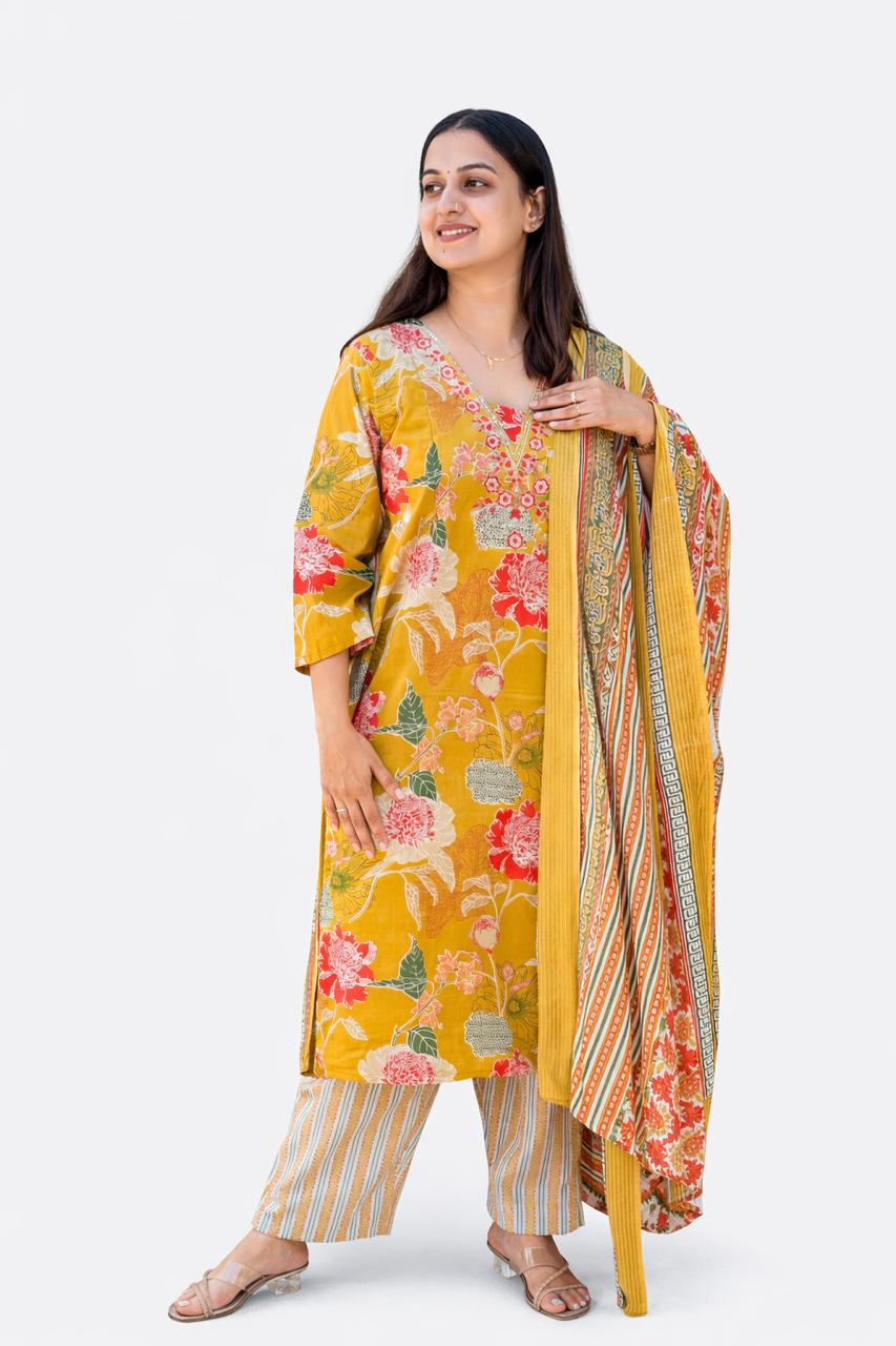 Yellow Floral Printed Cotton Feeding 3 Piece Set With Pant And Dupatta | Free size