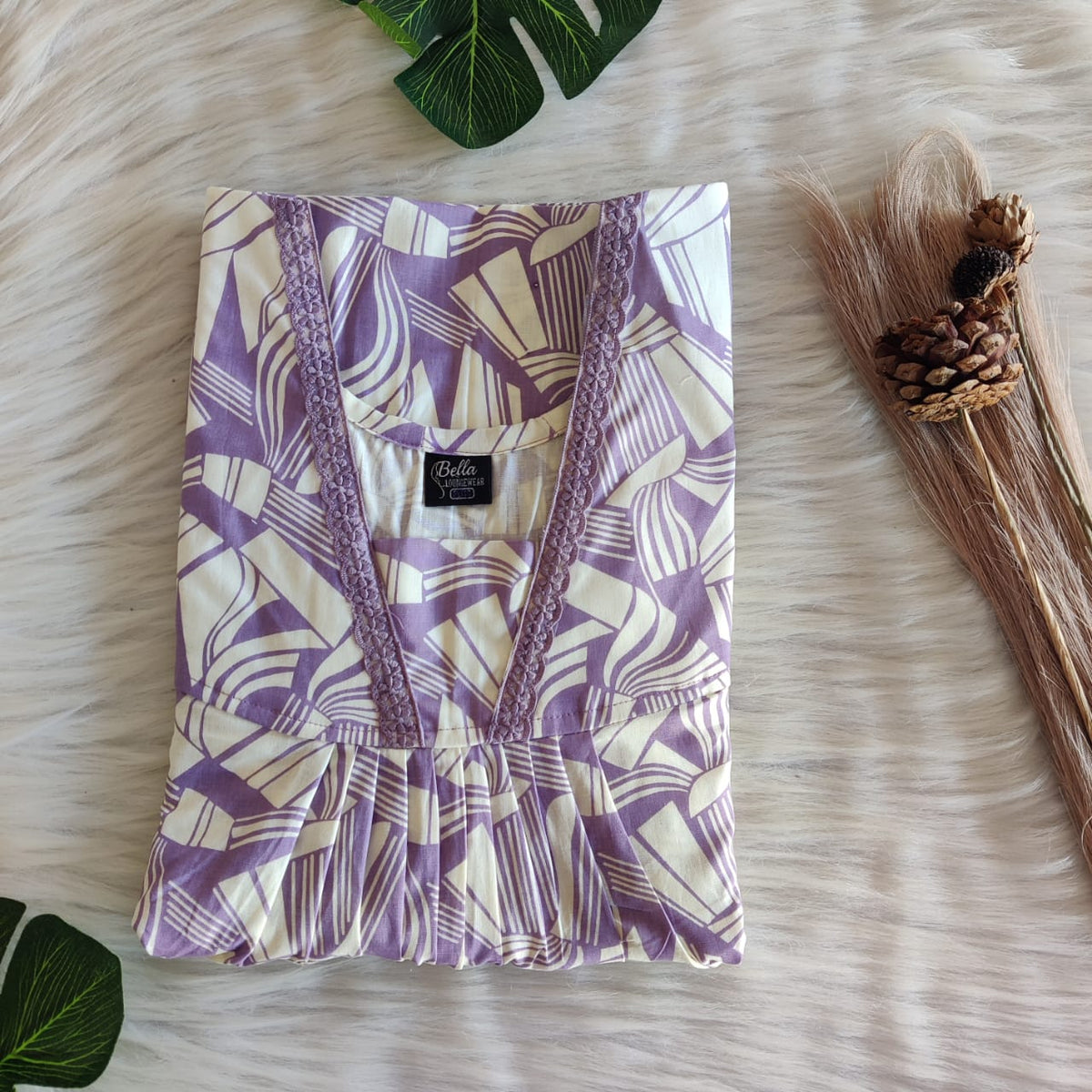 Lavender And White Printed Premium Cotton V-Neck Lace Pleated Nighty | No Zip | Free Size | Chest Width 44″| Length 56″