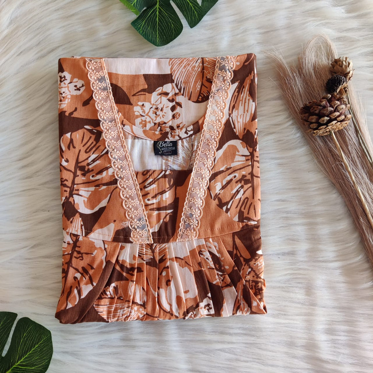 Pale And Dark Brown Printed Premium Cotton V-Neck Lace Pleated Nighty | No Zip | Free Size | Chest Width 44″| Length 56″