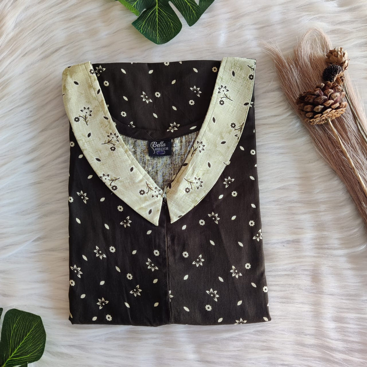 Pale And Dark Green Printed Premium Cotton Peter Pan Collar Long Zip Feeding Nighty | Free Size | Chest Width 44″| Length 56″