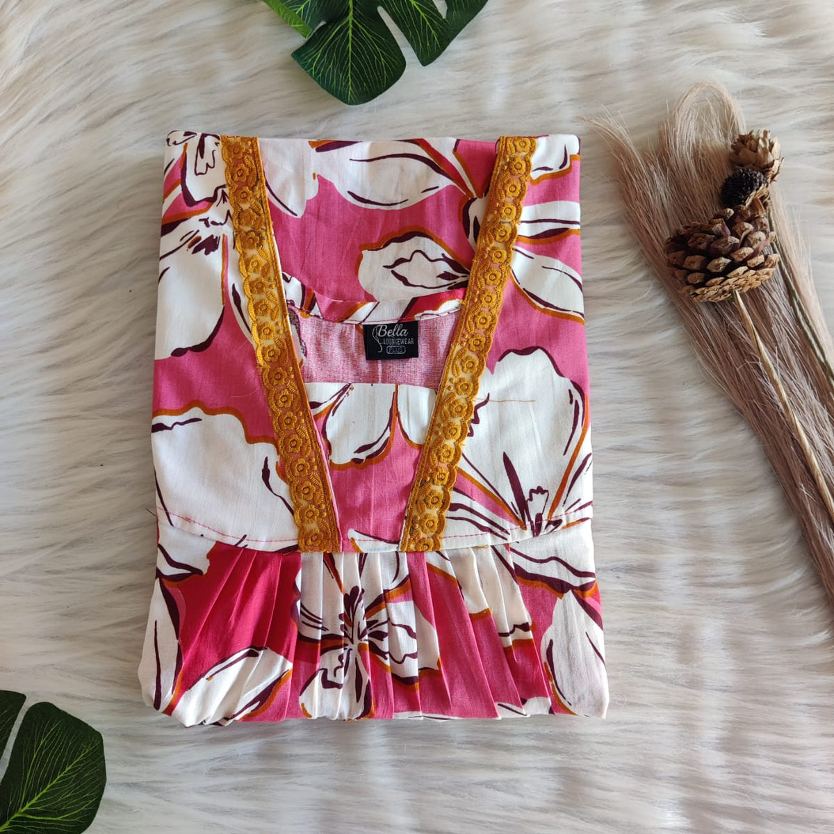 Pink And White Floral Printed Premium Cotton V-Neck Lace Pleated Nighty | No Zip | Free Size | Chest Width 44″| Length 56″