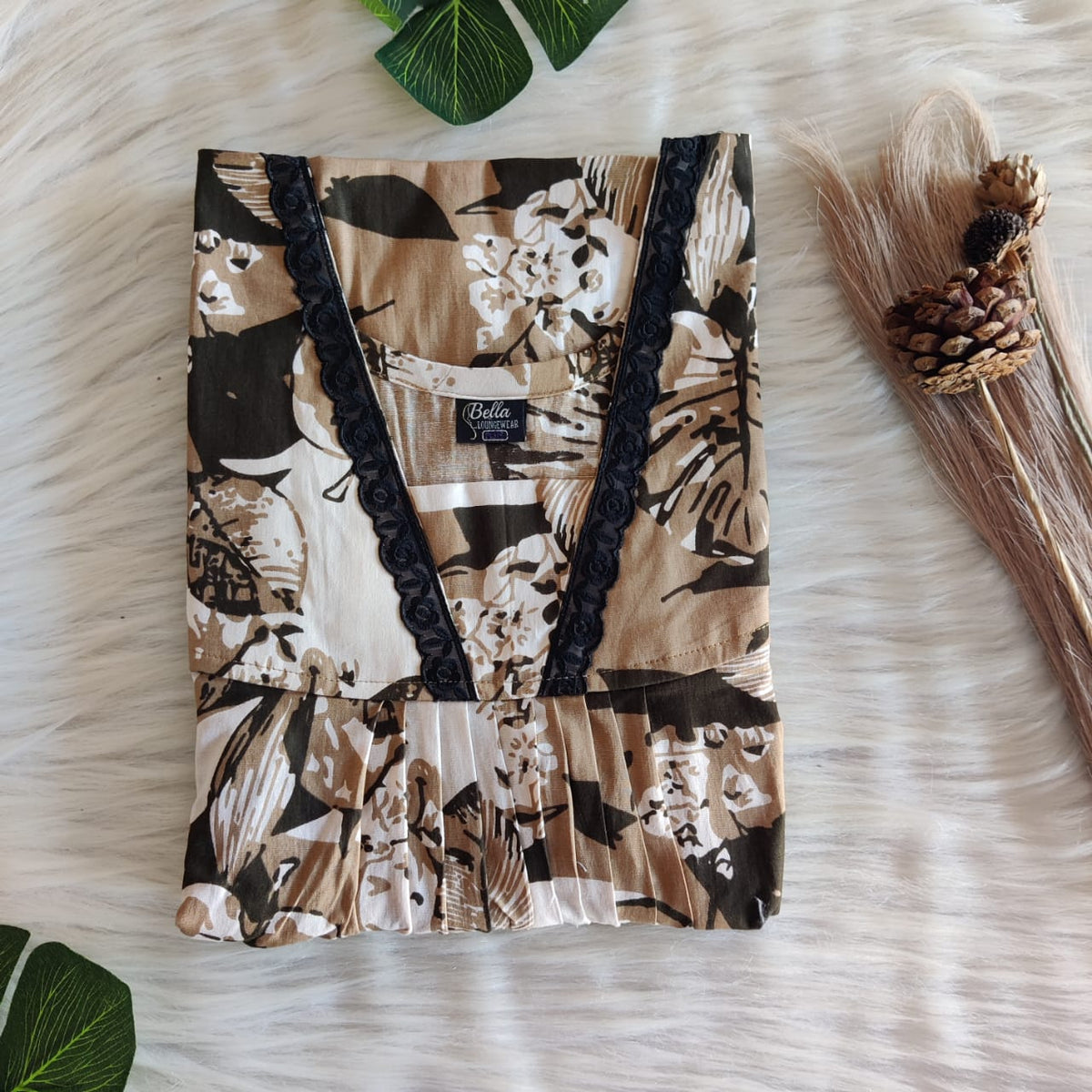 Brown And Black Printed Premium Cotton V-Neck Lace Pleated Nighty | No Zip | Free Size | Chest Width 44″| Length 56″