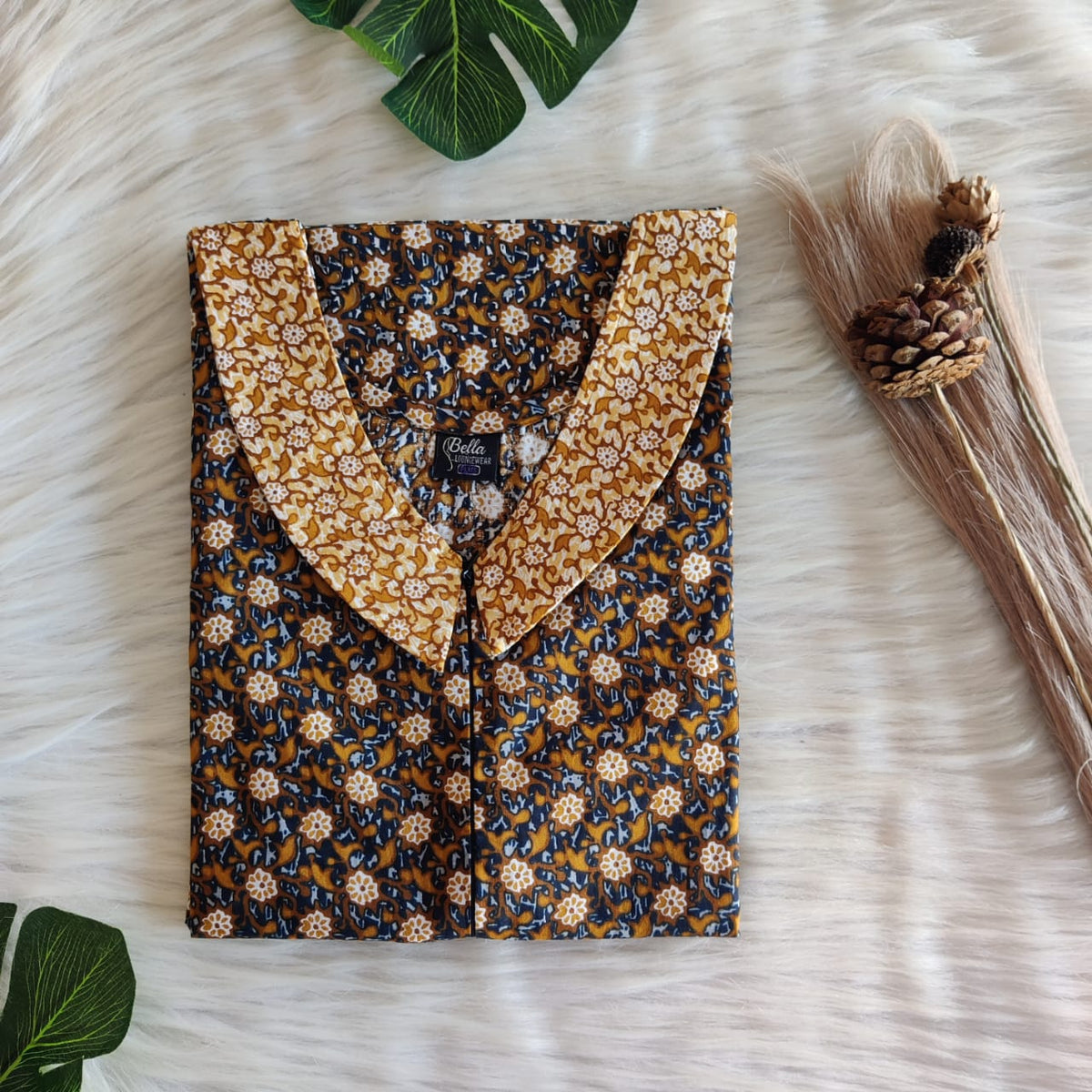 Yellow And Grey Floral Printed Premium Cotton Peter Pan Collar Long Zip Feeding Nighty | Free Size | Chest Width 44″| Length 56″